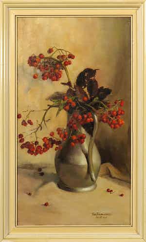 Johanna Helena Timmermans-Viertelhausen - Olieverf op doek, Stilleven met kan en besjes - Ingelijst verkocht voor € 40!