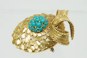 52- Vintage fifties 18Krt gouden fantasie broche met strik en turqoise steentjes kopen? Bied vanaf 940!