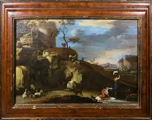 17e-eeuwse Schilderkunst - Olieverf op doek, Landschap met geiten en wassende vrouwen- Ingelijst vendu pour 410€ !