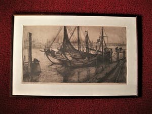 Jan Schonk - GROTE gesigneerde ets "Botters in Haven IJmuiden" omstreeks 1930 kopen? Bied vanaf 1!