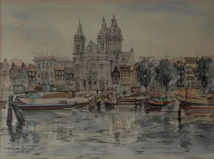 Jan den Hengst - Aquarel: Zicht op de Nicolaaskerk, Amsterdam kopen? Bied vanaf 195!