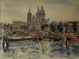 Jan den Hengst - Aquarel: Zicht op de Nicolaaskerk, Amsterdam verkauft für € 195!
