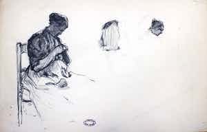 Evert Pieters - Studie (potloodtekening) van een vrouw met een handwerkje verkocht voor € 150!