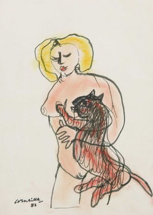 Corneille - Viltstift- en pasteltekening op papier, Femme et chat rouge (+ fotocertificaat) kopen? Bied vanaf 650!