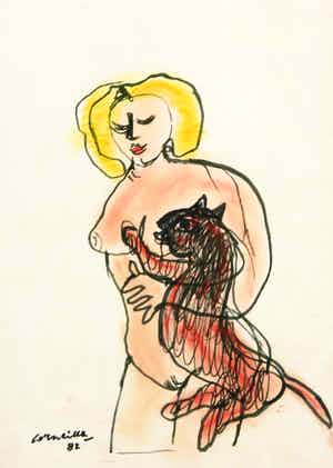 Corneille - Viltstift- en pasteltekening op papier, Femme et chat rouge (+ fotocertificaat) verkocht voor € 650!