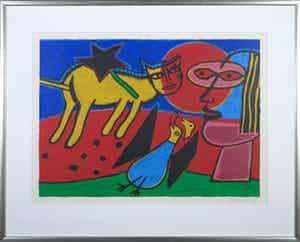 Corneille - Zeefdruk, Femme au masque et chat - Ingelijst verkocht voor € 250!