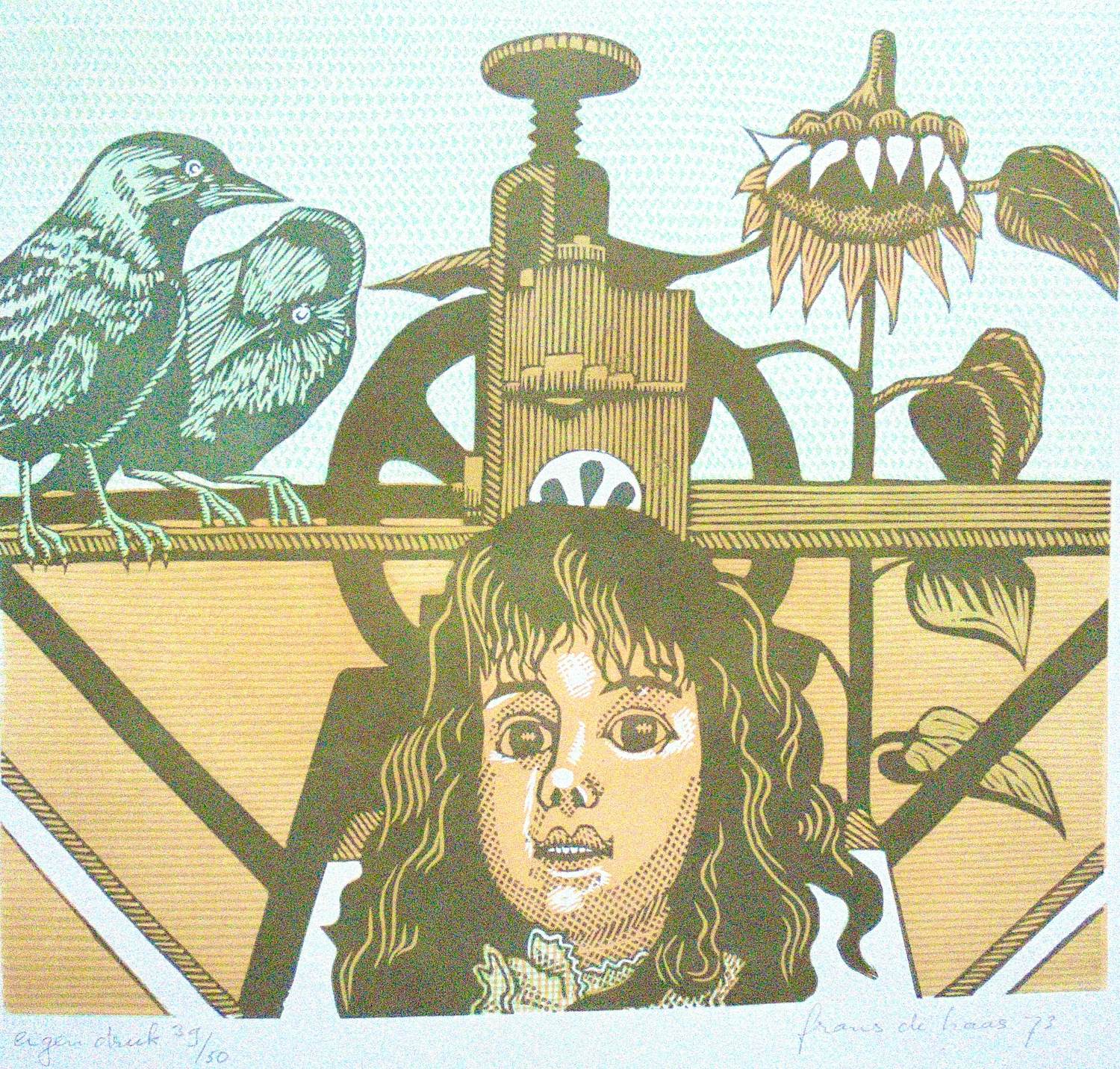 Frans de Haas - Meisje voor drukpers, zonnebloem en kraaien. kopen? Bied vanaf 75!