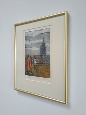 Willemien Holterman - Kleurenets "Zicht op Deventer met fiets." 1994 kopen? Bied vanaf 30!