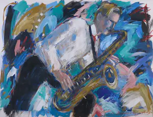 Annemarie de Groot - Acryl op papier, Saxofoon speler - Ingelijst kopen? Bied vanaf 200!