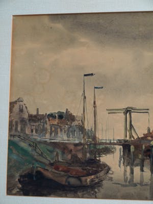 Niet of onleesbaar gesigneerd - Gouache , “Watergezicht met brug en poortgebouw” - ingelijst kopen? Bied vanaf 1!