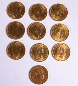 20-22K Goud - 10x Gouden Tientje- diverse jaartallen verkocht voor € 2300!