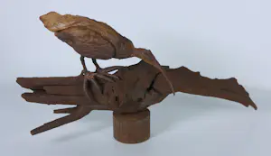 Paul Beckers - Twee sculpturen van hout, ijzer en terracotta, Vogels (ibis en uiltjes) + boek! kopen? Bied vanaf 250!