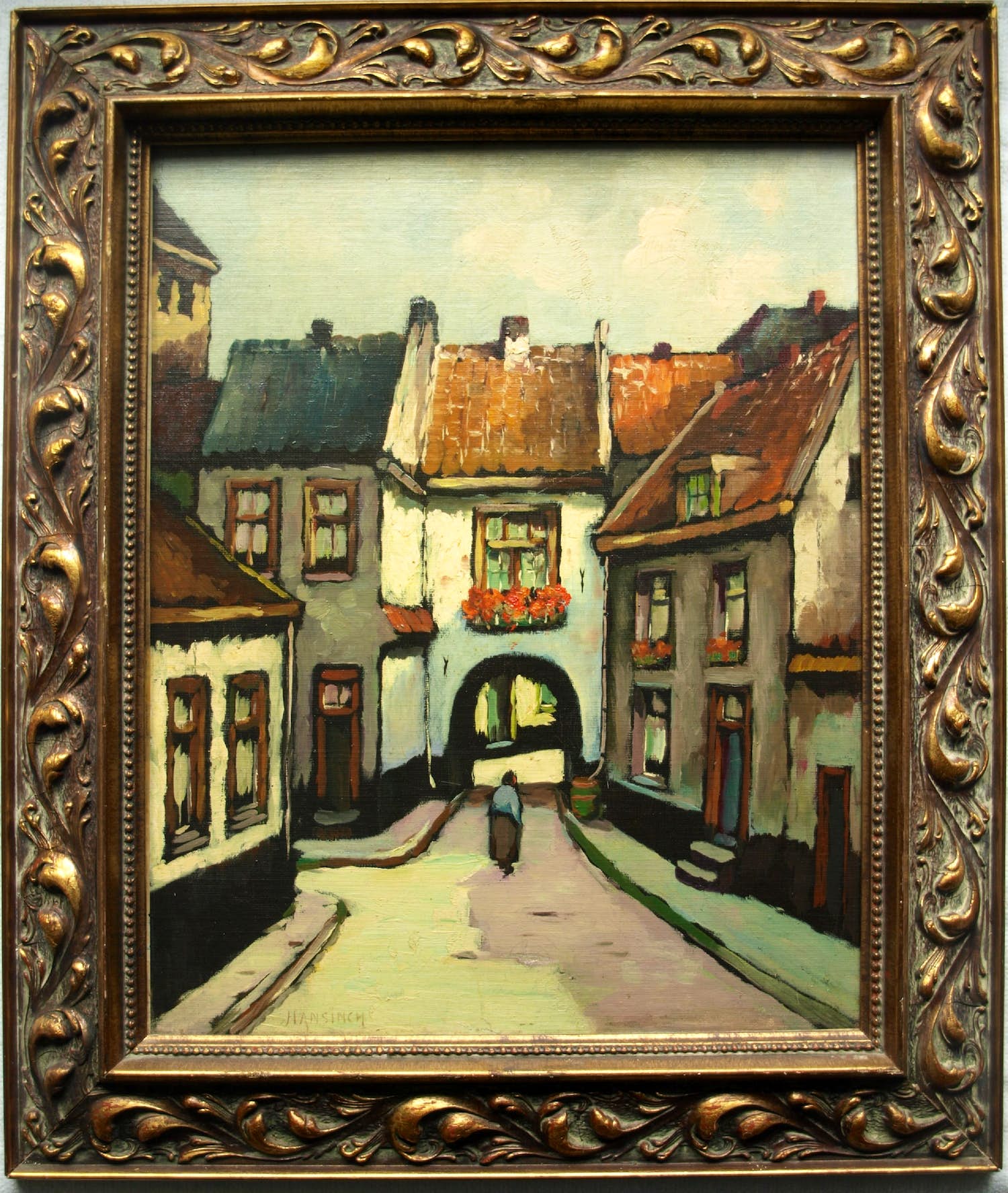 Herman Ansingh - Olieverf op paneel , Oude vrouw in straatje bij poort – Lijst, 64½ x 54½ cm verkocht voor € 1!