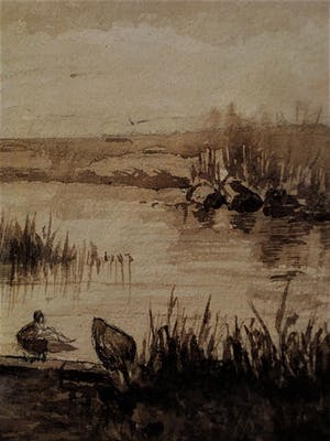 Niet of onleesbaar gesigneerd - omstreeks 1900 geschilderde Sepia - Haagse School - Eendjes aan waterkant kopen? Bied vanaf 10!