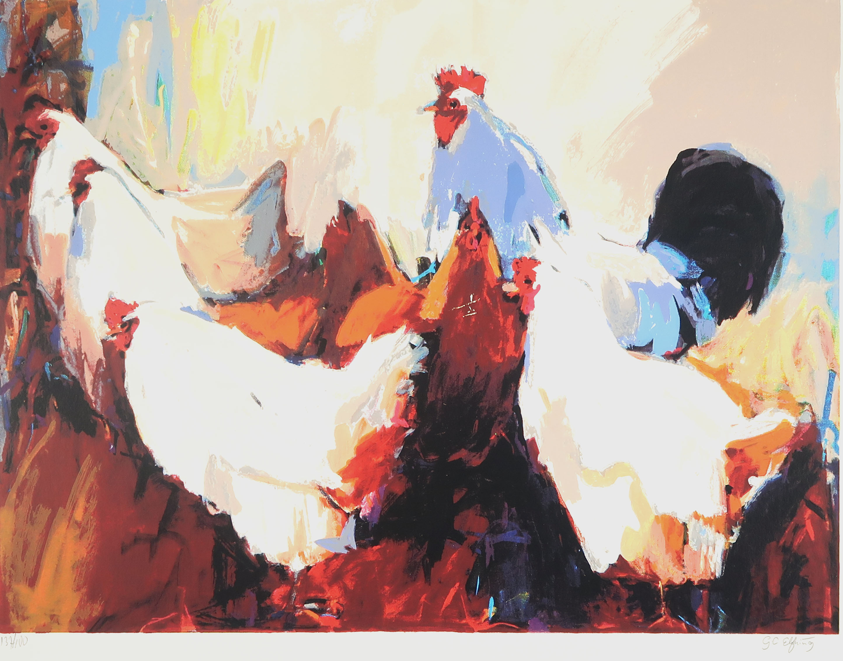 Gerda Elfring - Zeefdruk, Kippen kopen? Bied vanaf 1!