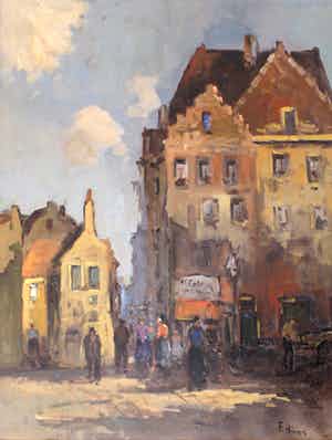 Frans Hoos - groot schilderij - 'Stadsgezicht' - IN PRIJS VERLAAGD! verkocht voor € 275!