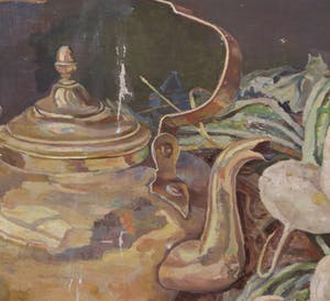 Corrie Pabst - Olieverf op doek (verlijmd op paneel), Stilleven met ketel en knollen kopen? Bied vanaf 80!