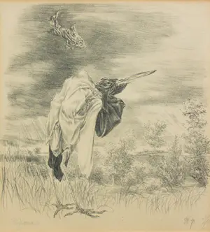 Peter Vos - Litho, De reiger de vis - Ingelijst kopen? Bied vanaf 100!