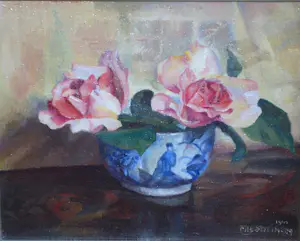 Mies Deinum - 2 rozen in een Chinees bakje - olieverfschilderij kopen? Bied vanaf 75!
