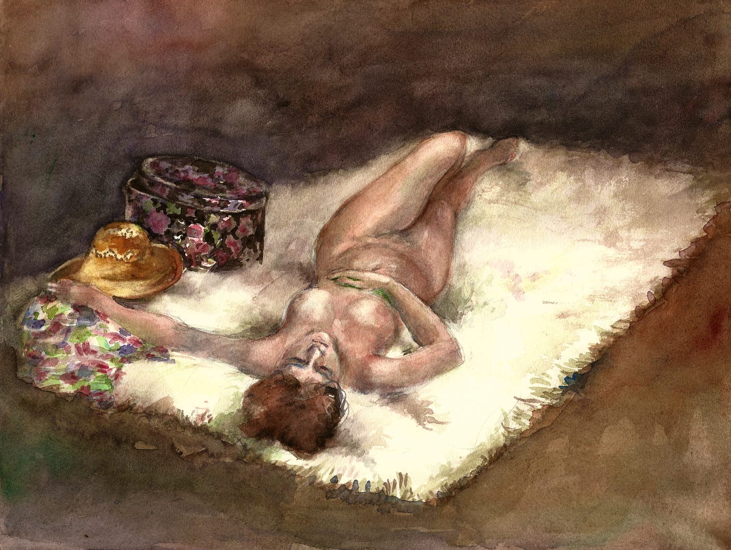 Sjef van der Voort - Liggend naaktmodel met hoed en hoedendoos verkocht voor € 50!