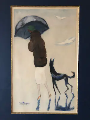 Kees van Dongen - Pochoirdruk - Vrouw met een hond, langs het strand wandelend kopen? Bied vanaf 3950!