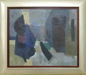Henri Bernard Goetz - Olieverf op doek (op paneel), Abstracte compositie - Ingelijst verkocht voor € 600!