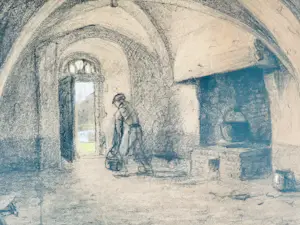 Peter Martinus Dillen - Interieur met tongewelf en figuur bij haard kopen? Bied vanaf 35!