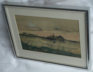 Niet of onleesbaar gesigneerd - Ingelijste aquarel, “Landschap met water” – gesigneerd ‘v. Os’ kopen? Bied vanaf 1!