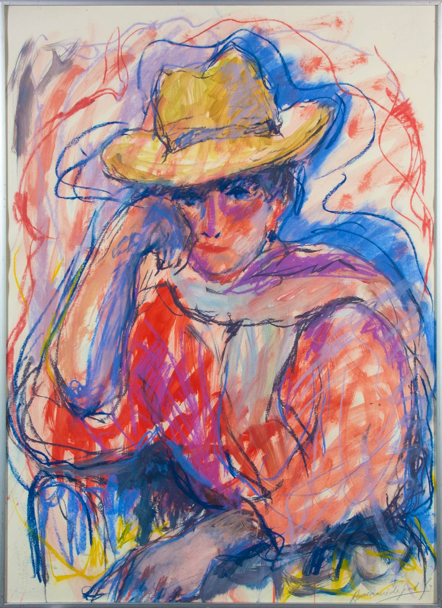 Annemarie de Groot - Pastel, Vrouw met hoed - Ingelijst kopen? Bied vanaf 100!