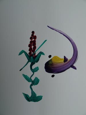 Niet of onleesbaar gesigneerd - ‘Gekaligrafeerde’ acrylverf op papier , Japan , Vissen / Karpers – ingelijst kopen? Bied vanaf 1!