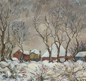 Jan Dekker - Olieverf op hardboard, Boerderij Winter, Ingelijst kopen? Bied vanaf 1!