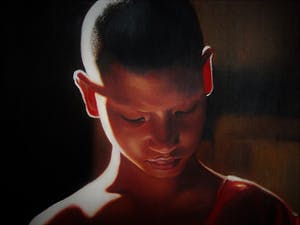 Niet of onleesbaar gesigneerd - Thailand - GROOT olieverf op doek "lezende jonge Monnik" gesigneerd kopen? Bied vanaf 1!