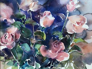Hen Euverman - stilleven met bloeiende roze rozen kopen? Bied vanaf 50!