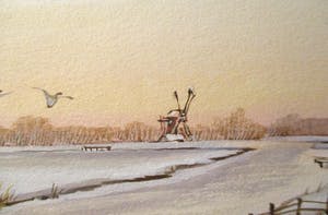 Ari Stolk - Winterlandschap dorpje, molen en vogels kopen? Bied vanaf 30!