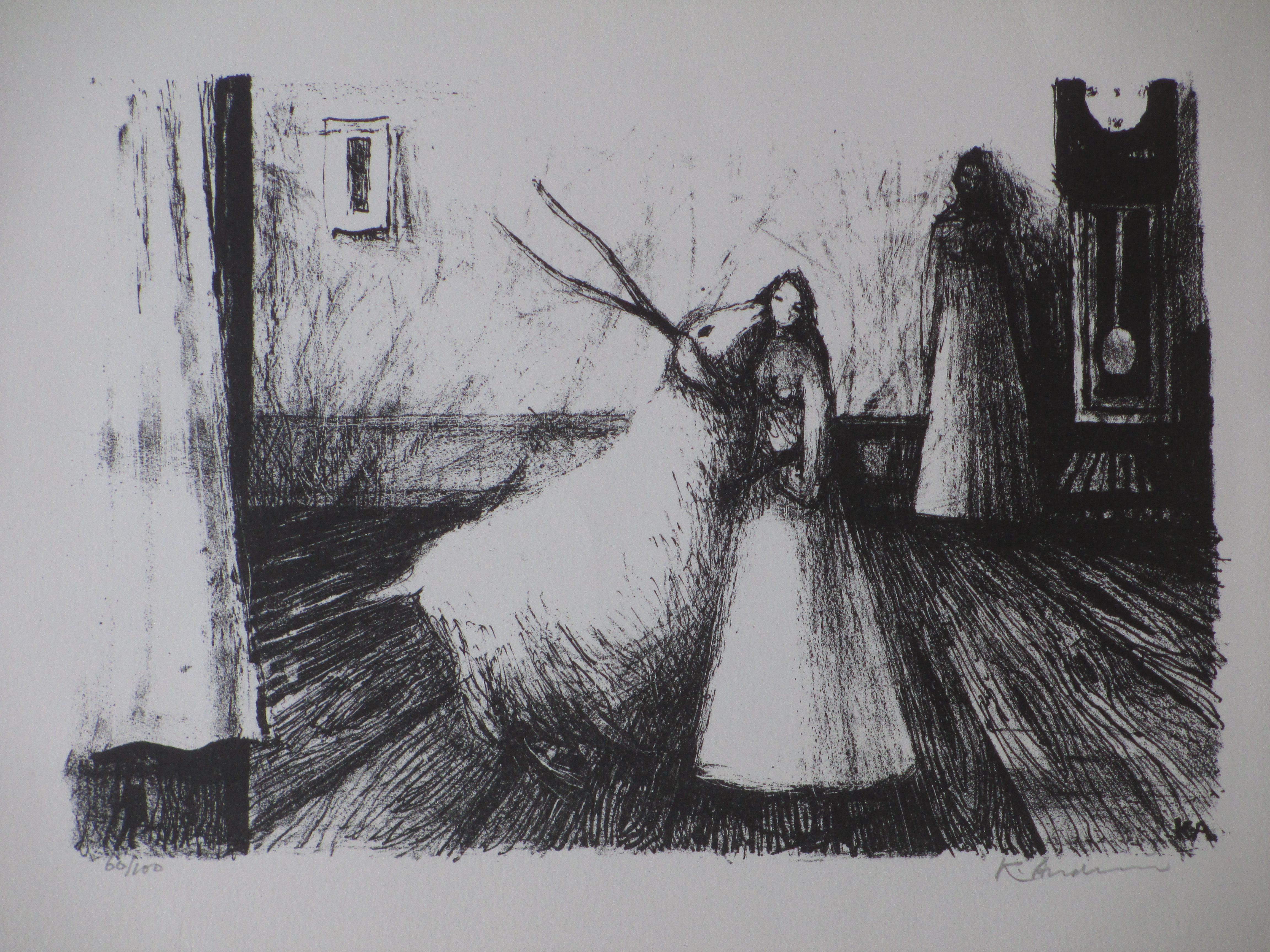 Kees Andrea - Witte geit en personen in interieur - Litho verkocht voor € 40!