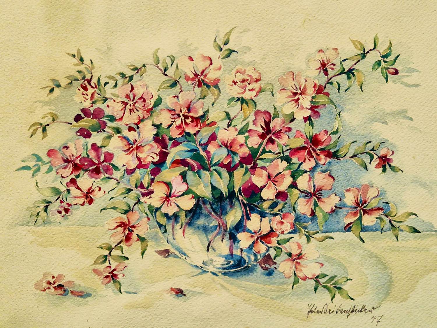 Niet of onleesbaar gesigneerd - Fraai realistisch Aquarel "bloemen in glazen vaas " 1947 - gesigneerd kopen? Bied vanaf 1!
