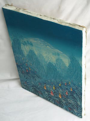 Niet of onleesbaar gesigneerd - Acrylverf op doek , “Blauw landschap met vrouwen“ kopen? Bied vanaf 1!