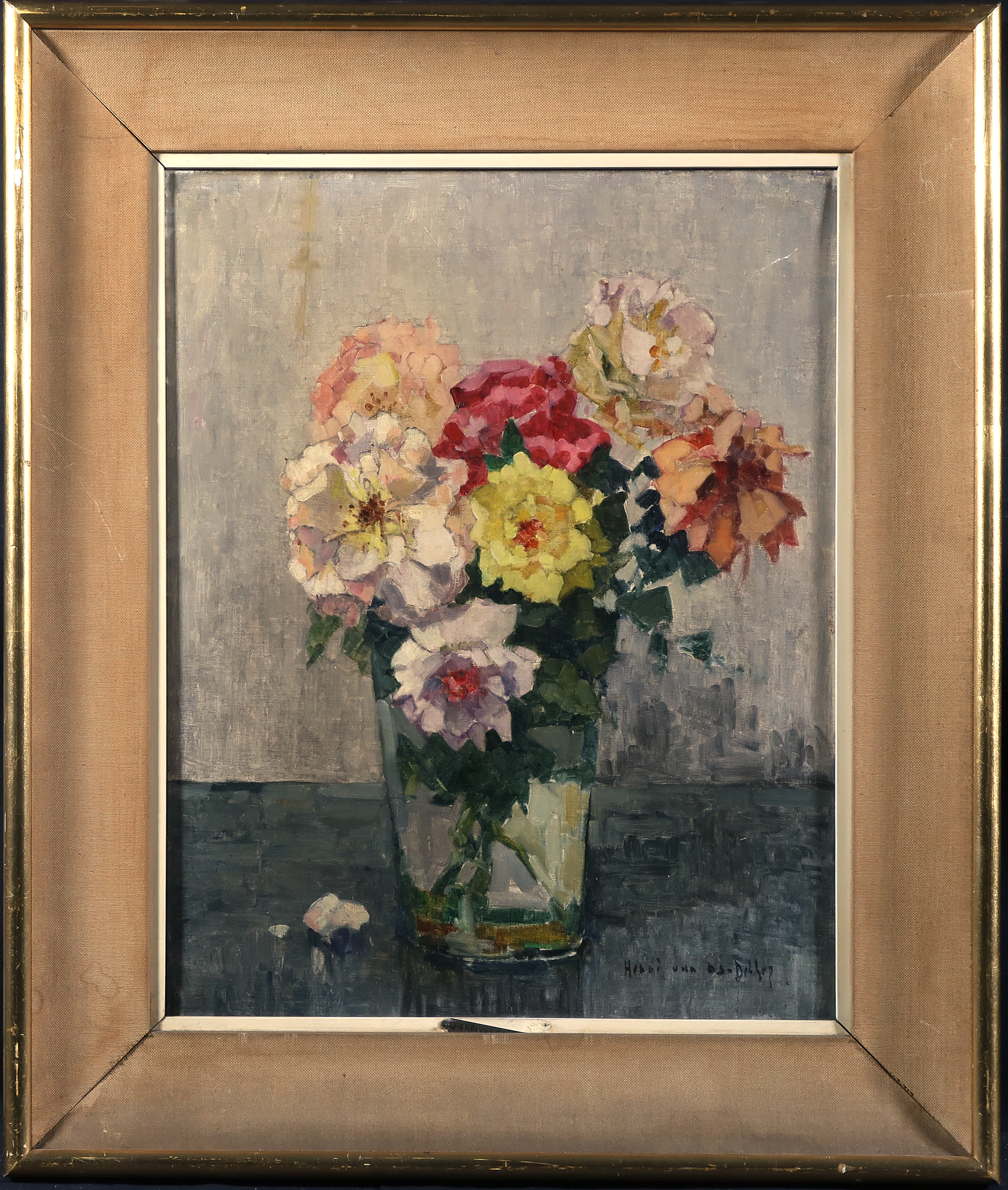 Henri van Os-Delhez - Olieverf op doek, Rozen - Ingelijst verkocht voor € 1!