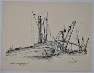 Wim Motz - 2 tekeningen van Rotterdamse havengezichten kopen? Bied vanaf 50!