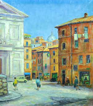 Augustinus van der Linde - Olieverf op doek, Piazza S. Salvatore Roma verkocht voor € 50!