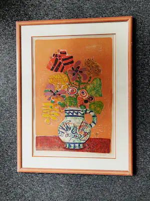 Paul Augustin Aizpiri - Groot - Epreuve d'Artiste - Kleurenlitho Bouquet au fond orange - mooi ingelijst kopen? Bied vanaf 76!