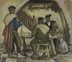 Emile Gastemans - Aquarel op papier, Figuren rond een tafel - Ingelijst kopen? Bied vanaf 20!