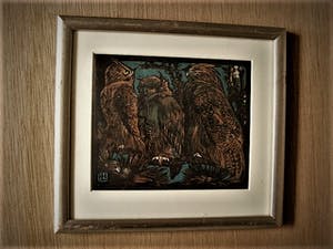 Louis Haver - Fraaie handgekleurde Linosnede "Uilen familie bij nacht" kopen? Bied vanaf 35!