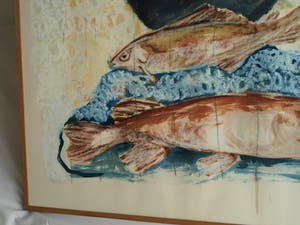 Nicola Rozemeijer - Acrylverf op papier , Vissen op ijs – GROOT - ingelijst - 1997 kopen? Bied vanaf 1!