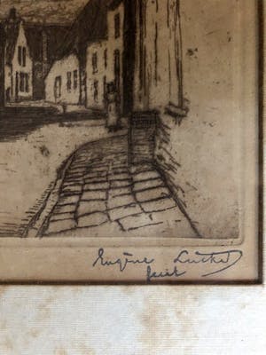 Eugene Lucker - Raadhuis Sluis in Zeeland - Ets, Ingelijst kopen? Bied vanaf 40!