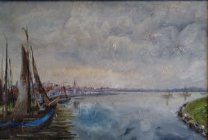 Niet of onleesbaar gesigneerd - Circa 1955 - "Botters op scheepswerf aan water" kopen? Bied vanaf 1!