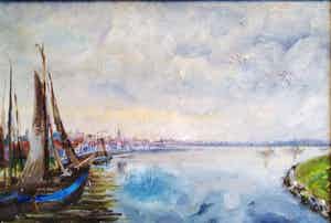 Niet of onleesbaar gesigneerd - Circa 1955 - "Botters op scheepswerf aan water" verkocht voor € 1!