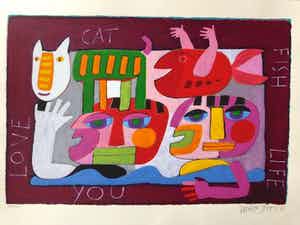 Wouter Stips - Kleurenzeefdruk LOVE YOU CAT-FISH-LIFE Handgesigneerd verkocht voor € 95!