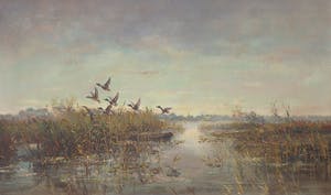 Hans Lenteman - Olieverf op doek, Oevergezicht met opvliegende eenden - Ingelijst (Groot) kopen? Bied vanaf 100!