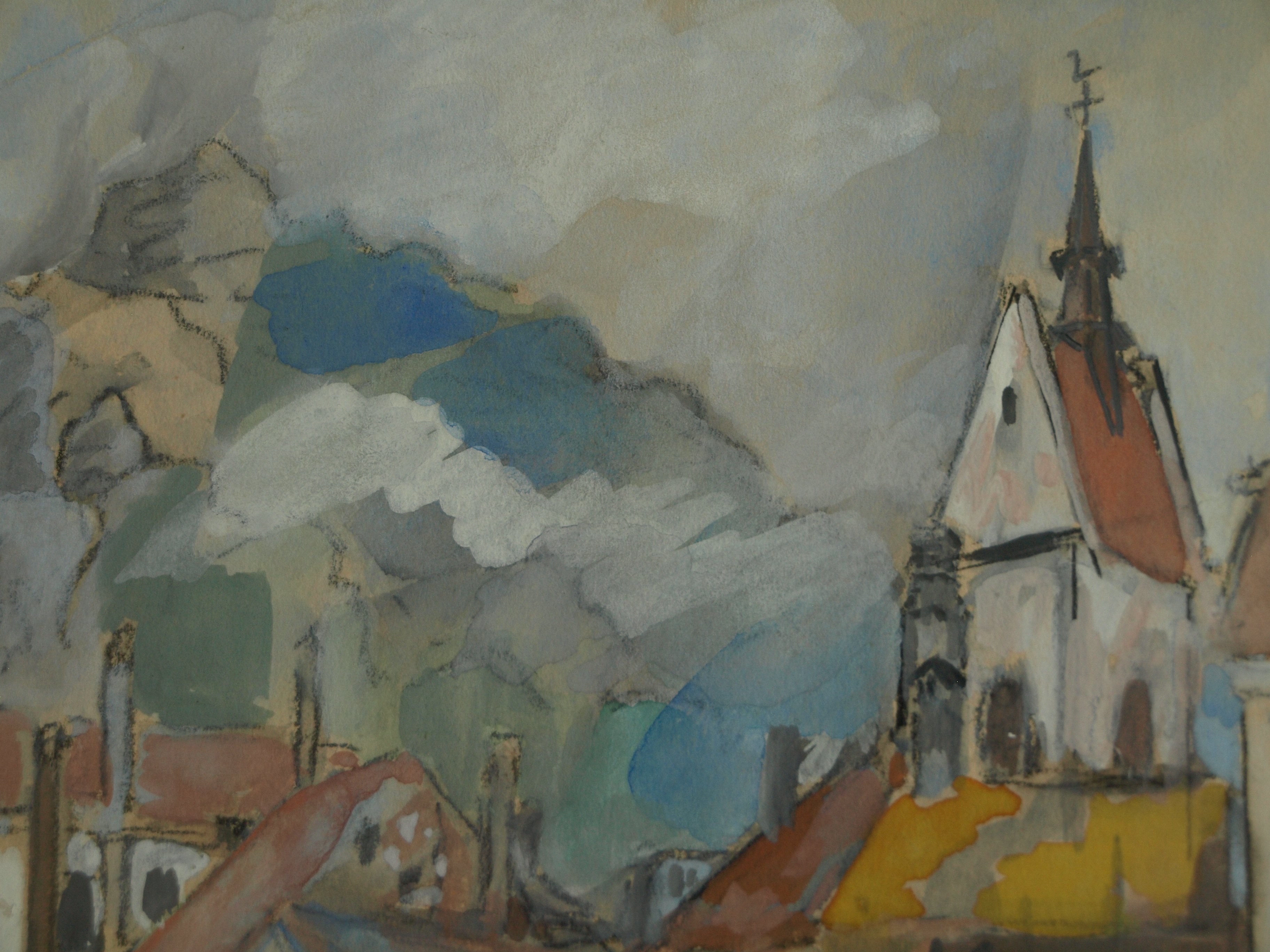 Niet of onleesbaar gesigneerd - Gemengde techniek , Dorpsgezicht – gesigneerd & ingelijst - 1968 kopen? Bied vanaf 1!